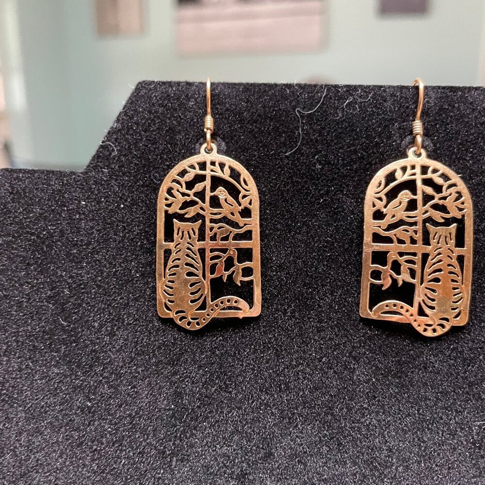 Wild Bryde cat earrings-cats at the window with a bird